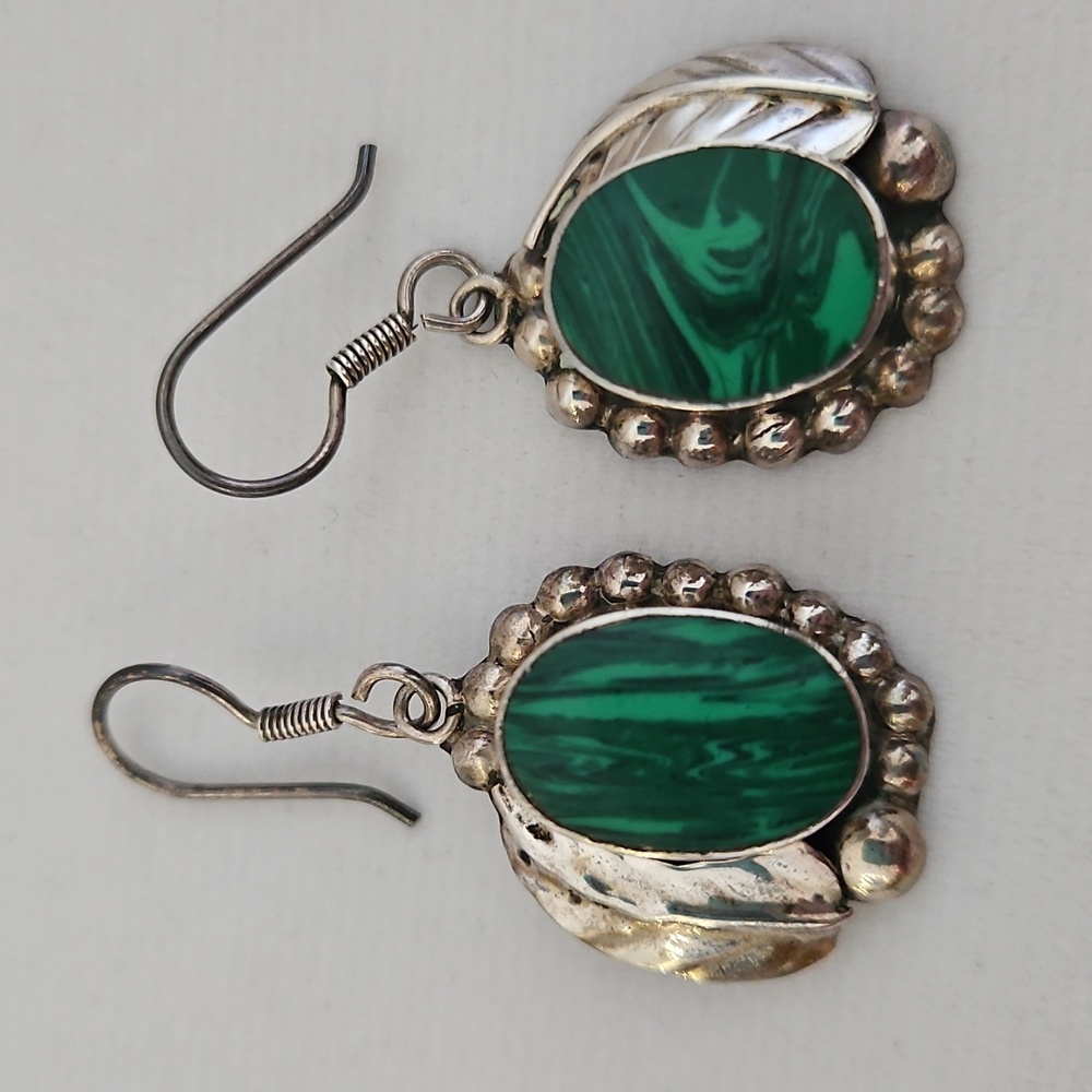 Vintage Malachite Sterling Silver Taxco Mexico Earrings